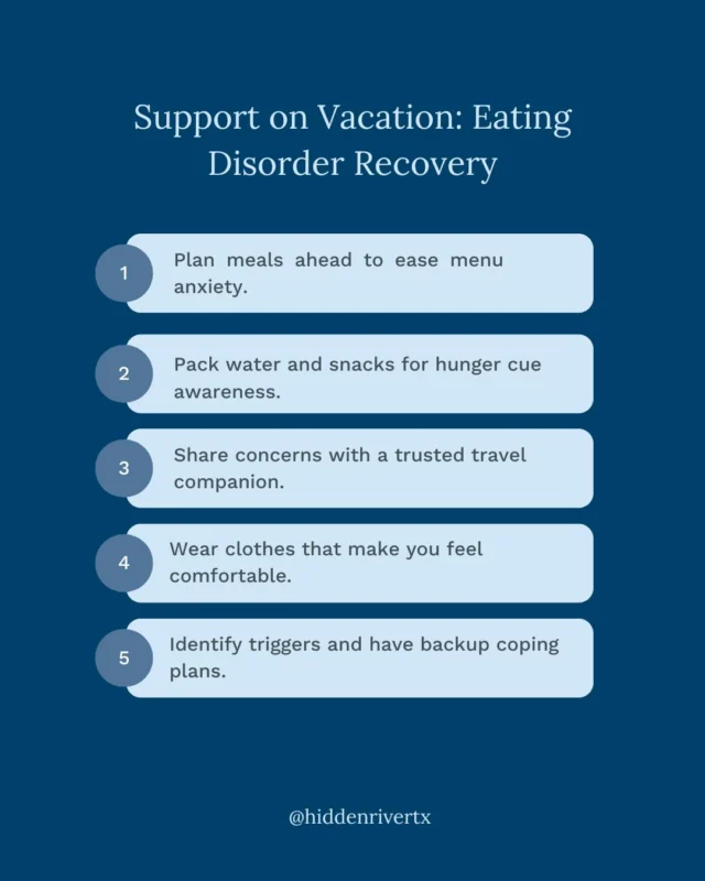 Vacations can feel overwhelming when you're navigating an eating disorder.

Head to our blog for six ways to support your loved ones in eating disorder recovery when traveling.

🔗 Link in bio to read more

#summervacation #EDrecovery #compassionatecare
