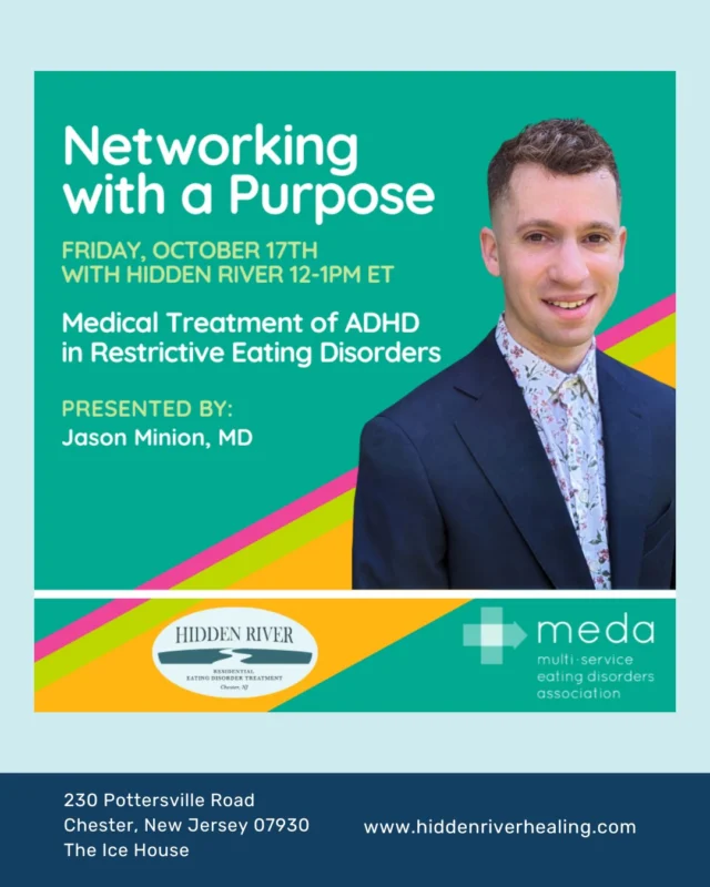 Join us this Friday, October 17, from 12:00–1:00 PM ET (virtual event) for an educational presentation led by our very own Jason Minion, MD:
“Medical Treatment of ADHD in Restrictive Eating Disorders.”

This session will explore how ADHD and restrictive eating disorders—such as anorexia nervosa and ARFID—intersect, and how medications can be used safely and effectively in treatment.

Register at the link in bio.

#HiddenRiverHealing #EatingDisorderTreatment #ADHD #MentalHealthEducation #NetworkingWithAPurpose