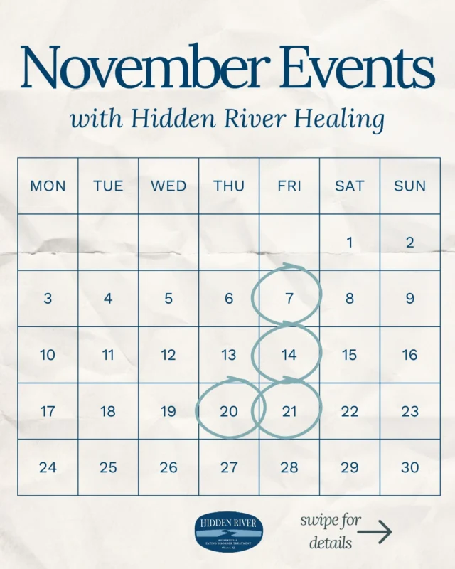 Here's to a November filled with learning, connection, and community. 🍂 

Join us throughout this month for engaging clinical conversations and special gatherings designed to deepen understanding, inspire collaboration, and support the work we all do in the healing space.

🗓 Check out our lineup and mark your calendar for opportunities to connect with our team!

#HiddenRiver #EatingDisorderTreatment #EatingDisorderAwareness #TherapistCommunity #IntegratedCare #HealingTogether