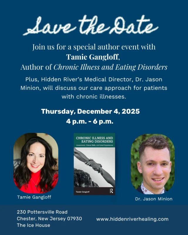 💌 You’re invited to an evening of insight and inspiration!

Join us for a special event featuring Tamie Gangloff, MA, MFT, author of Chronic Illness & Eating Disorders: Assessment, Clinical Skills, & Lived Experiences, and Dr. Jason Minion, Medical Director at Hidden River. 

Together, Tamie and Dr. Minion will explore the powerful intersection of chronic medical conditions and eating disorders, sharing real-world case studies and compassionate approaches to integrated care.

🗓 Thursday, December 4, 2025
🕓 4:00–6:00 PM
📍 Hidden River, Chester, NJ

💬 Come for meaningful conversation, clinical insights, and community connection. Space is limited — reserve your seat today through the link in bio!

#HiddenRiver #EatingDisorderTreatment #ChronicIllnessRecovery #ClinicalEducation #EatingDisorderAwareness #MentalHealthCommunity #IntegratedCare #ProfessionalDevelopment #ContinuingEducation #WellnessEvent